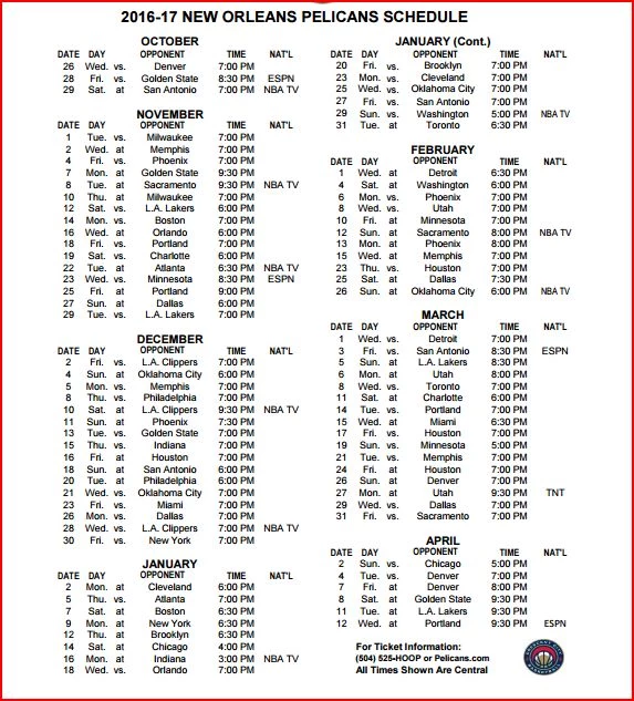 New Orleans Pelicans 2016-17 Schedule